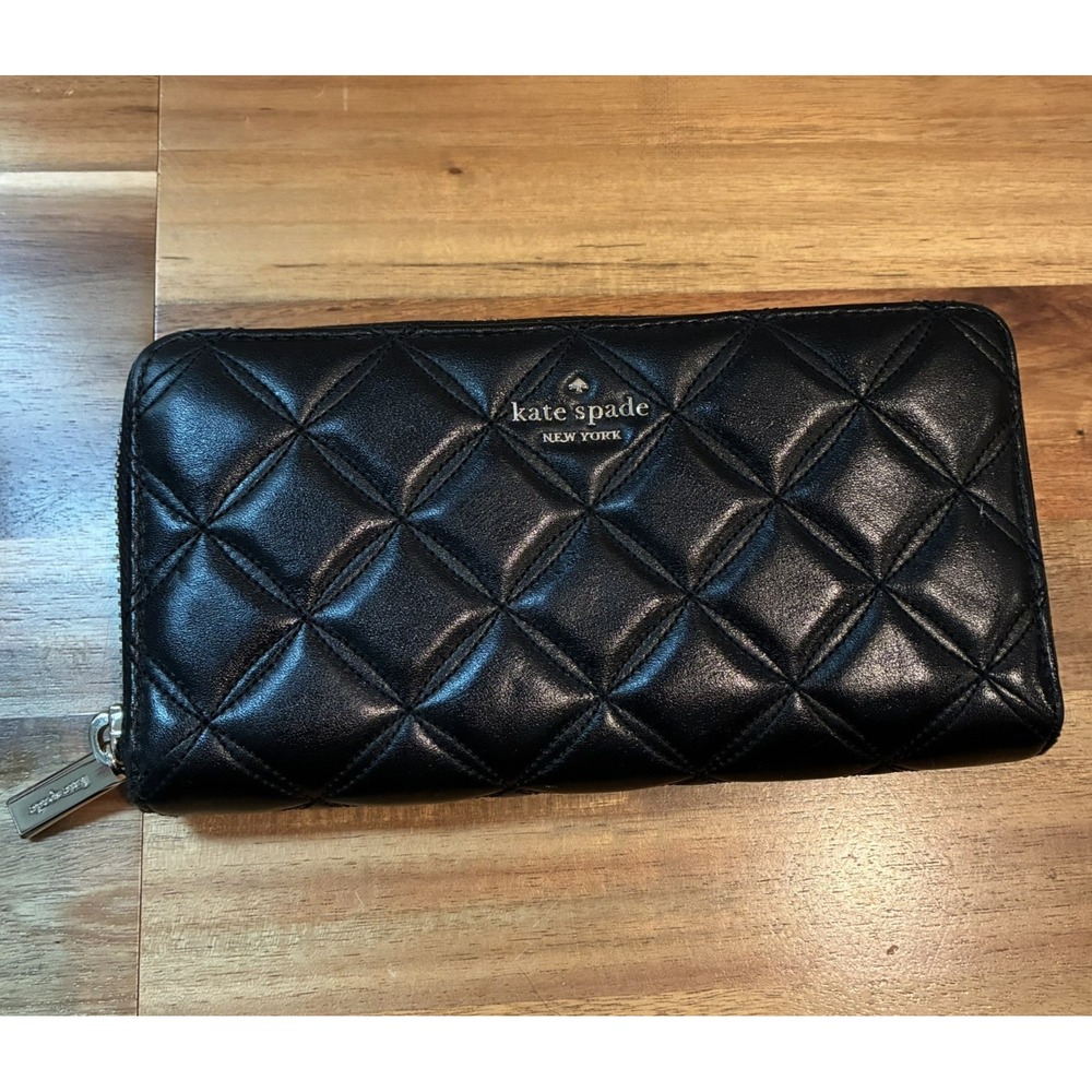 Kate Spade Natalia Black Quilted Leather Zip Around Continental Wallet Gold